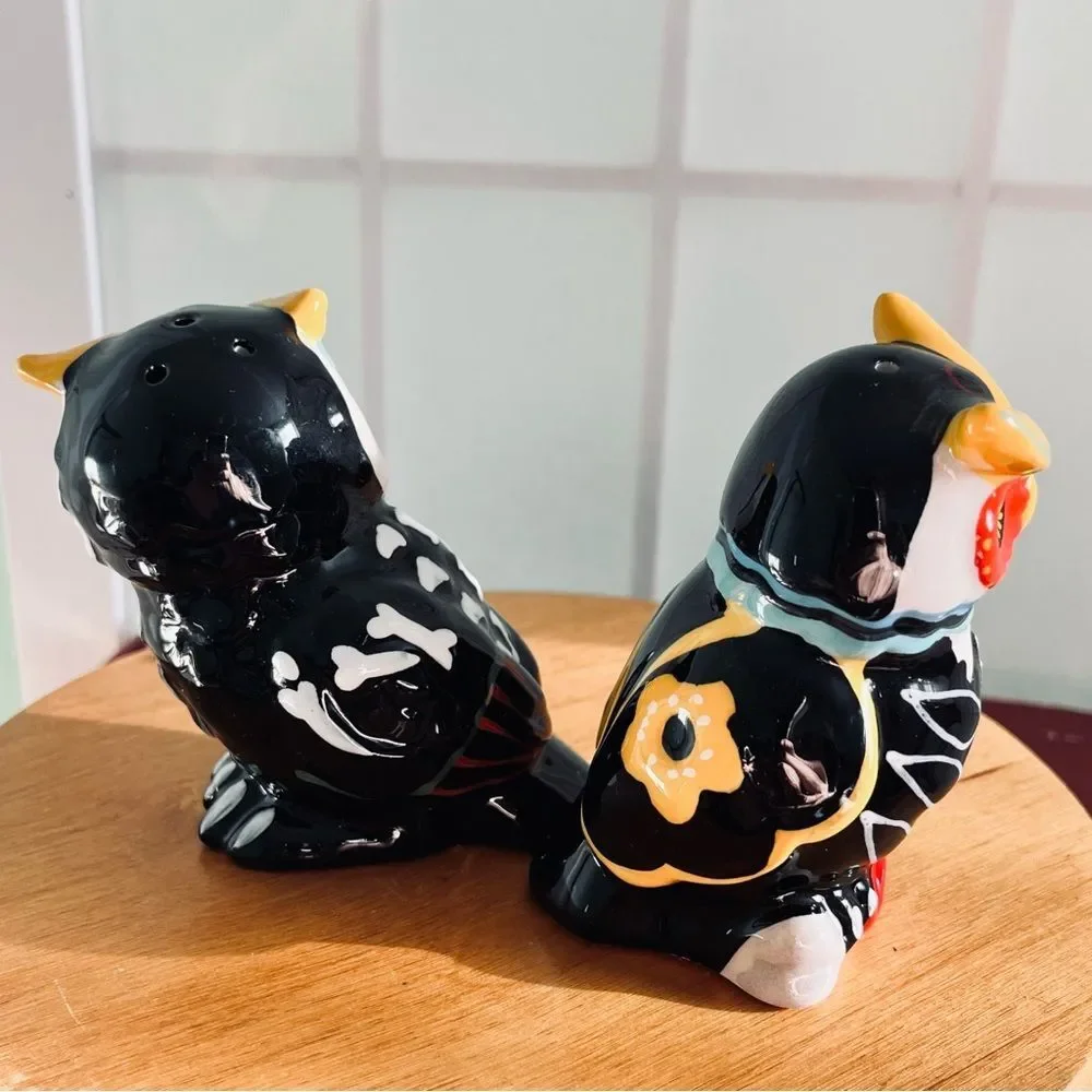 Sugar Skull Skeleton Owl Salt and Pepper Shakers Halloween Day of the Dead